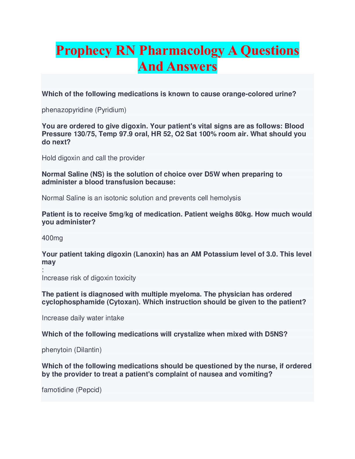 Preview image for Prophecy RN Pharmacology A Questions And Answers 2022